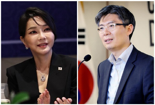 윤석열 대통령 부인 김건희 여사(왼쪽)와 조정훈 시대전환 대표. <대통령실 제공, 조정훈 SNS>